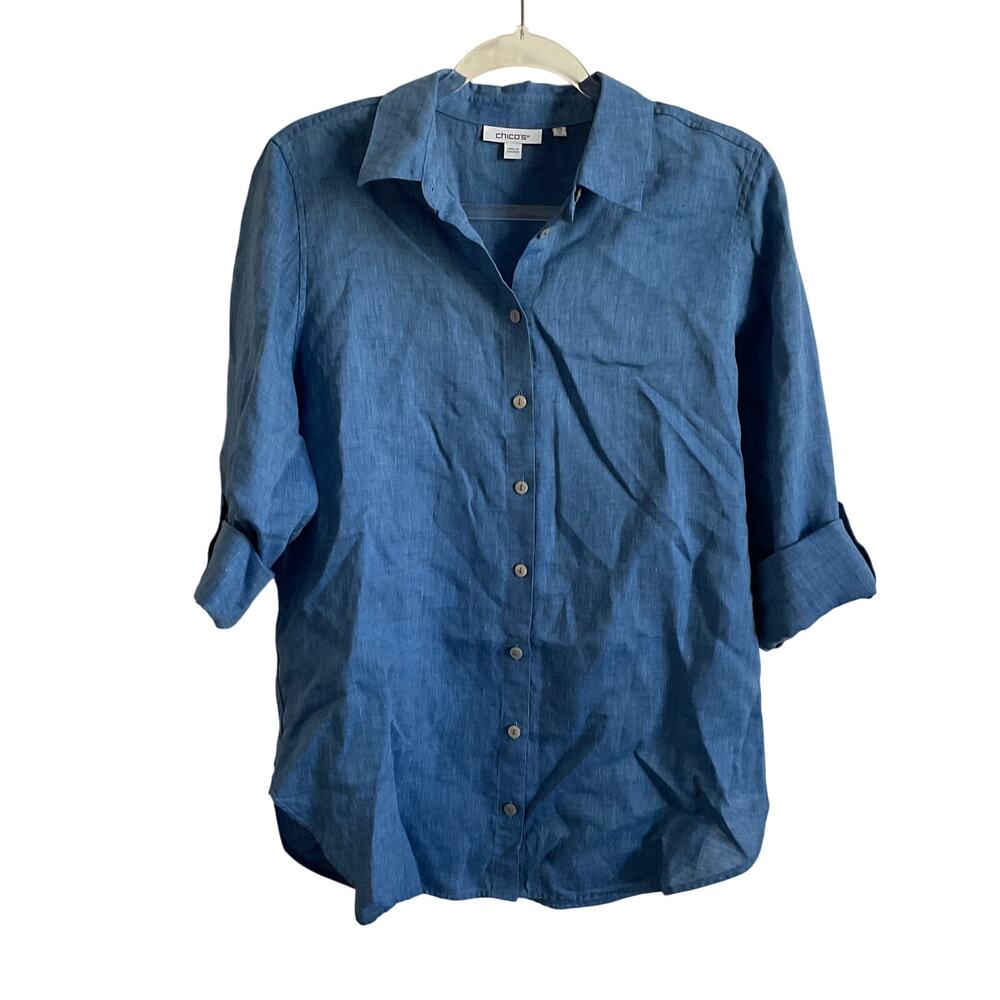 Chico’s 100% Linen‎ Blue Chambray Button Front Roll Tab Shirt - Size 6